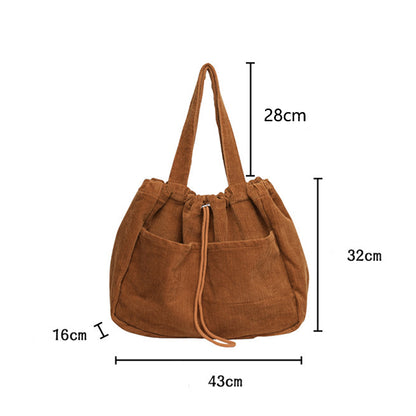 Corduroy Shoulder Bag with Drawstring Closure