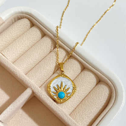 Drop Oil Pearl Blue Turquoise Sun Pendant Necklace