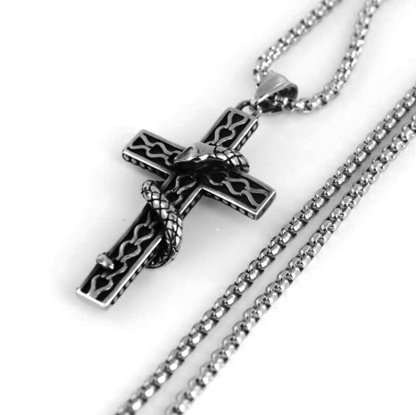 Gothic Snake Wrapped Cross Pendant Necklace