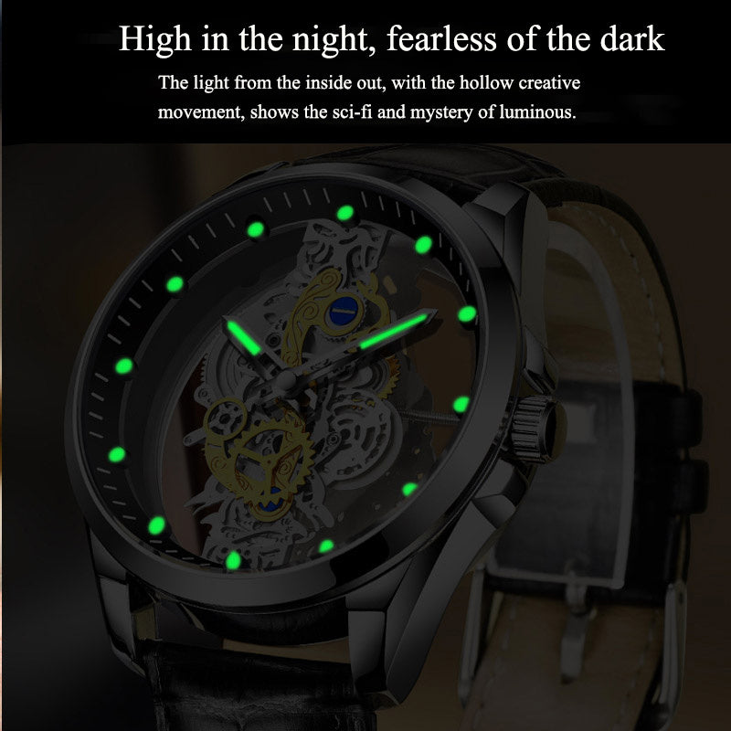 Gold Skeleton Automatic Quartz Watch with Luminous Effect