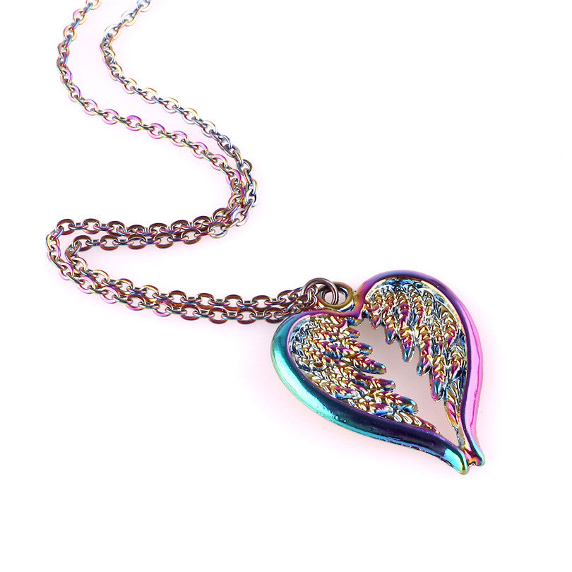 Rainbow Feather Wing Heart Necklace