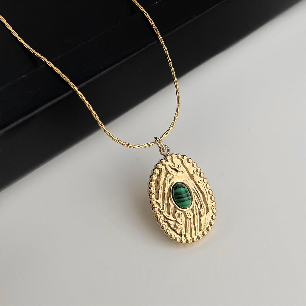 Gold Plated Oval green resin Stainless Steel Necklace