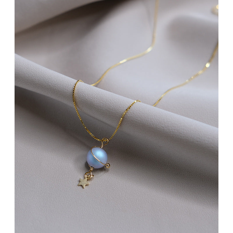 Misty Blue Pearl Planet Necklace – 925 Silver