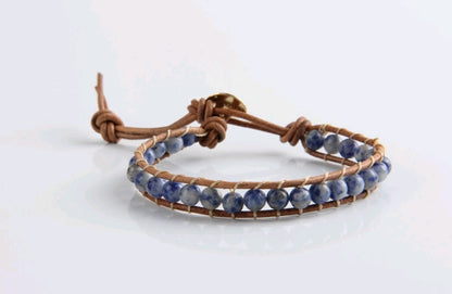 Handmade White Point Blue Natural Stone Leather Woven Bracelet