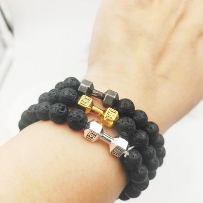 Barbell & Lava Rock Stone Beads Dumbbell Bracelet