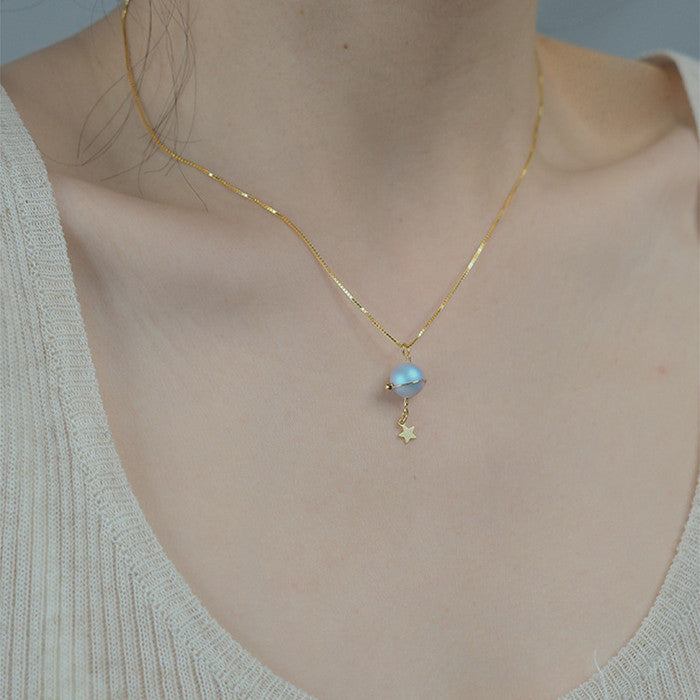 Misty Blue Pearl Planet Necklace – 925 Silver