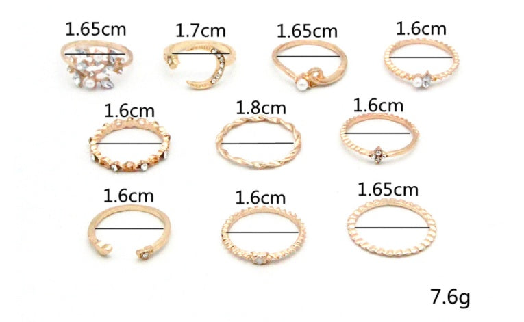 Star Moon Love Pearl Leaf 10-Piece Ring Set