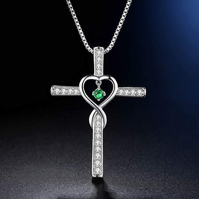 Infinity Love God We Trust Christian Cross Birthstone Crystal Pendant Necklace