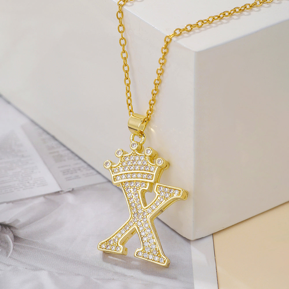 Gold Crown A-Z Pendant Necklace