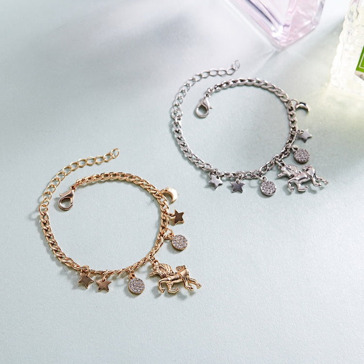 Unicorn Charms Bracelet with Moon & Star Pendants
