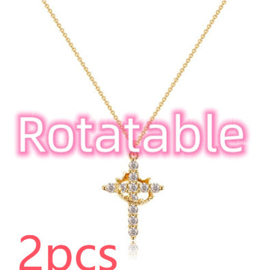 Cross Full Diamond Crown Rotatable Necklace