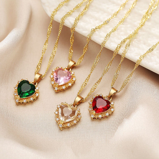 Gold Clavicle Chain Necklace with Colourful Rhinestone Heart