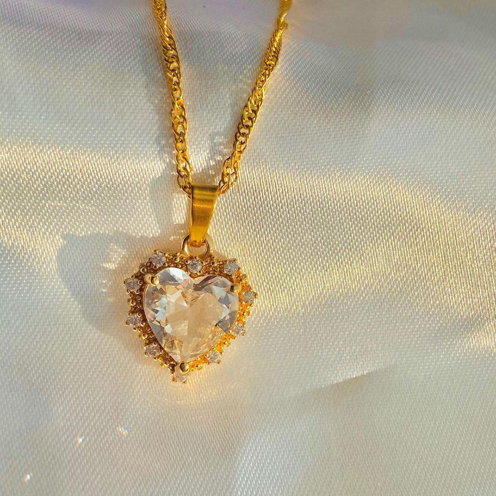 Gold Clavicle Chain Necklace with Colourful Rhinestone Heart