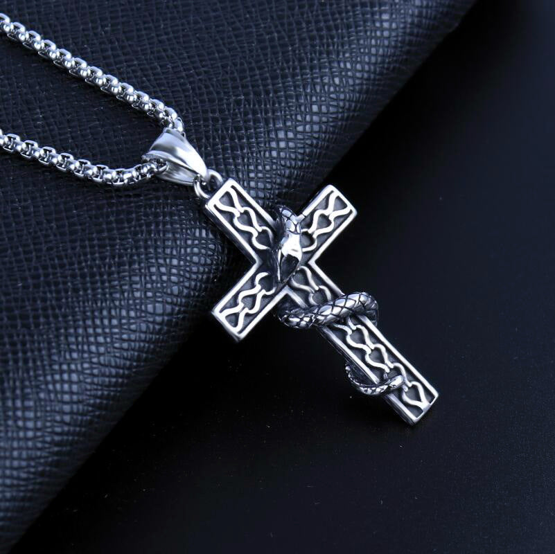 Gothic Snake Wrapped Cross Pendant Necklace