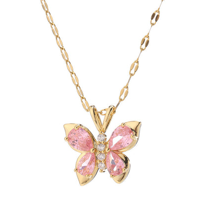 Butterfly Pink & Gold Titanium Steel Necklace