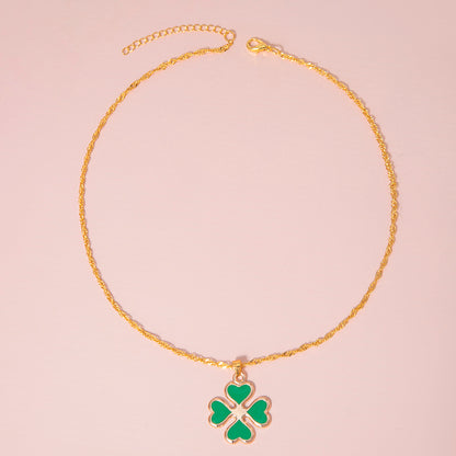 Green Enamel Four-Leaf Clover Necklace