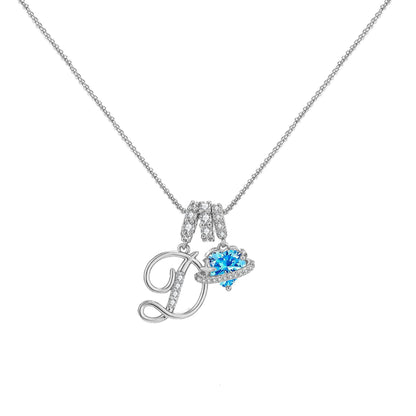 A-Z Alphabet Elegant Blue Heart Necklace with Zircons