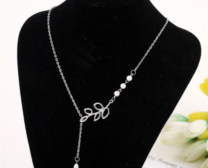 Leaf Pearl Drop Clavicle Chain Necklace