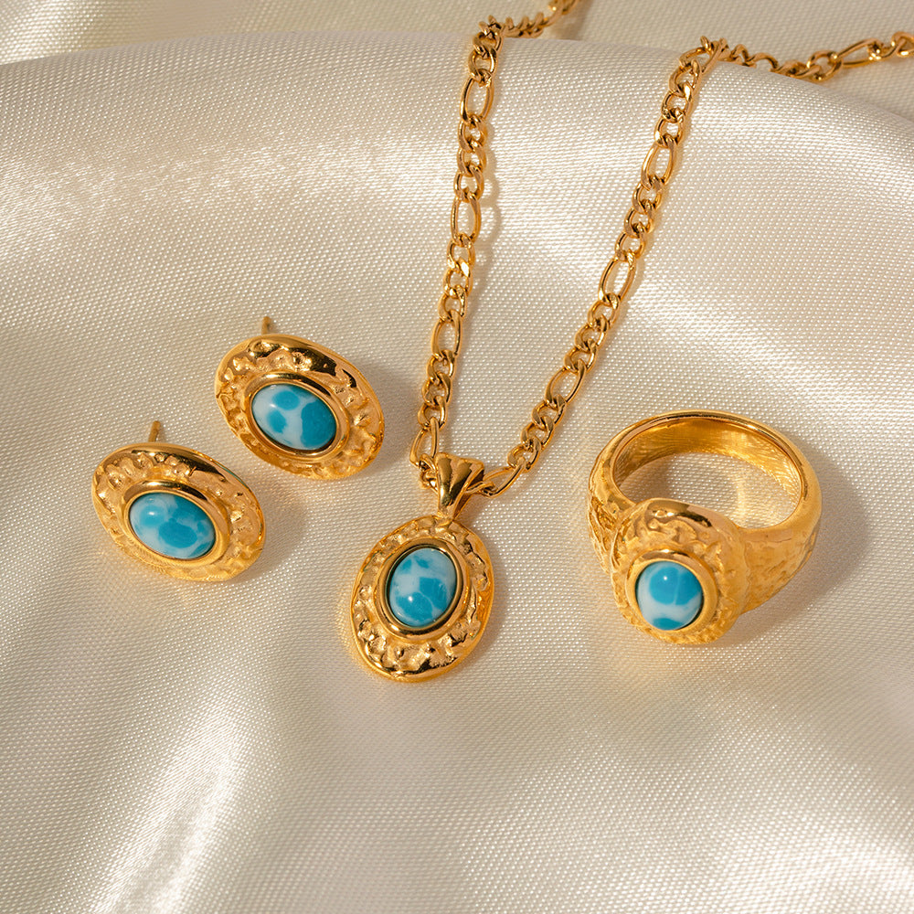 Gold Stainless Steel Turquoise Hammered Jewelry Set