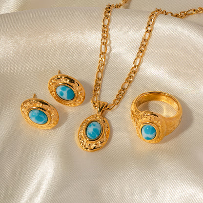 Gold Stainless Steel Turquoise Hammered Jewelry Set