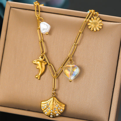 Retro Diamonds Scallop Gold-Plated Dolphin Necklace