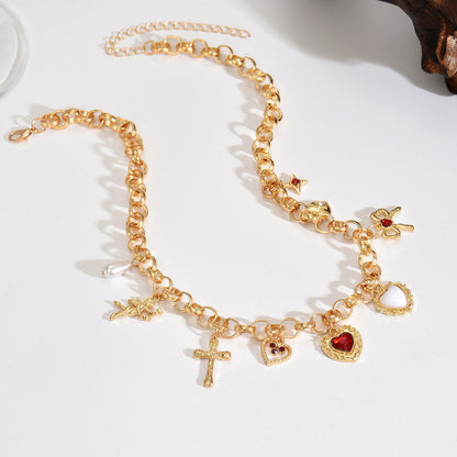 Heart-Shaped Cross Pendant Necklace & Bracelet