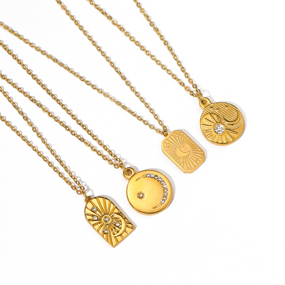 Gold Stainless Steel Zircon Star & Moon Pendant Necklace
