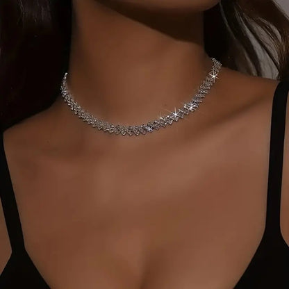 Silver Diamond Heart Pendant Choker Necklace