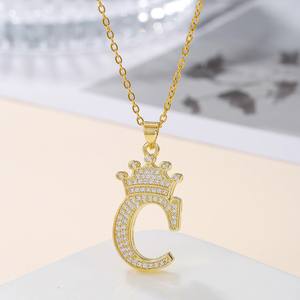Gold Crown A-Z Pendant Necklace