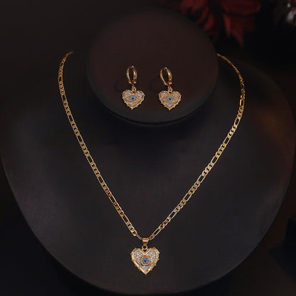 Gold Heart Shaped Zircon Pendant Necklace & Earrings Set