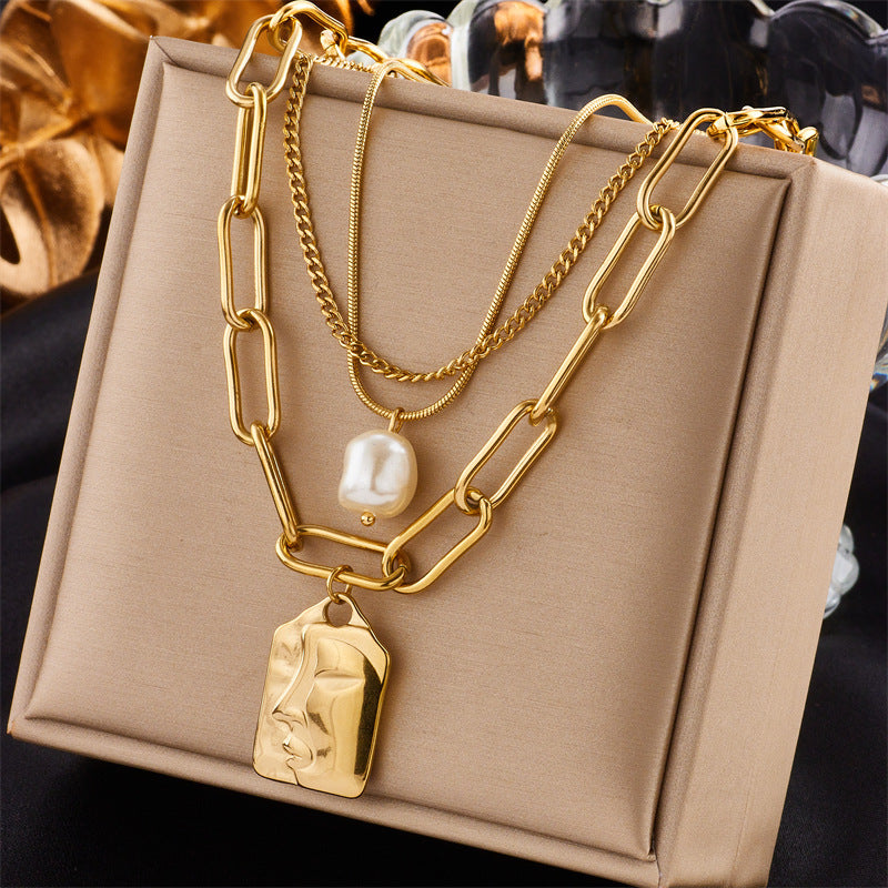 Layered Necklace Set Pearl and Square Pendant