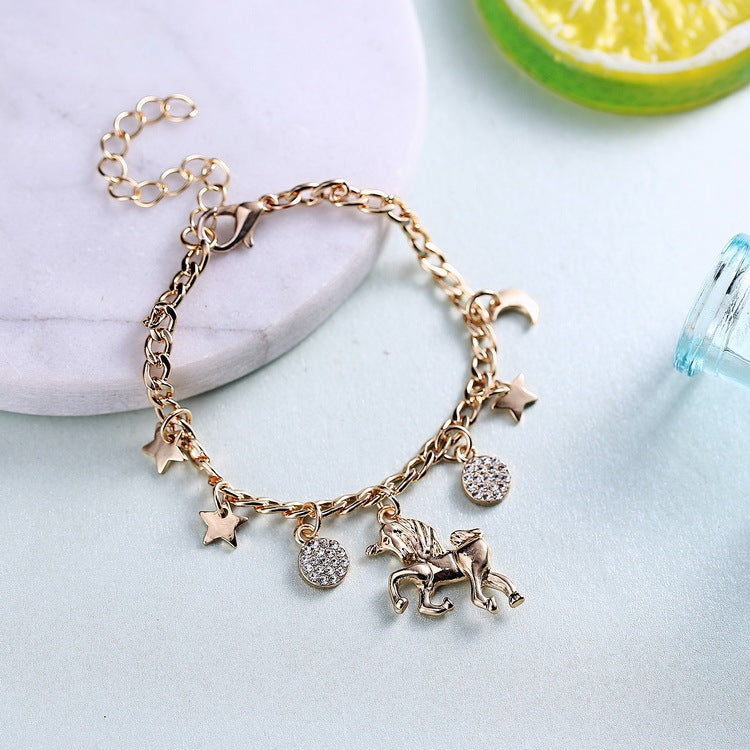 Unicorn Charms Bracelet with Moon & Star Pendants