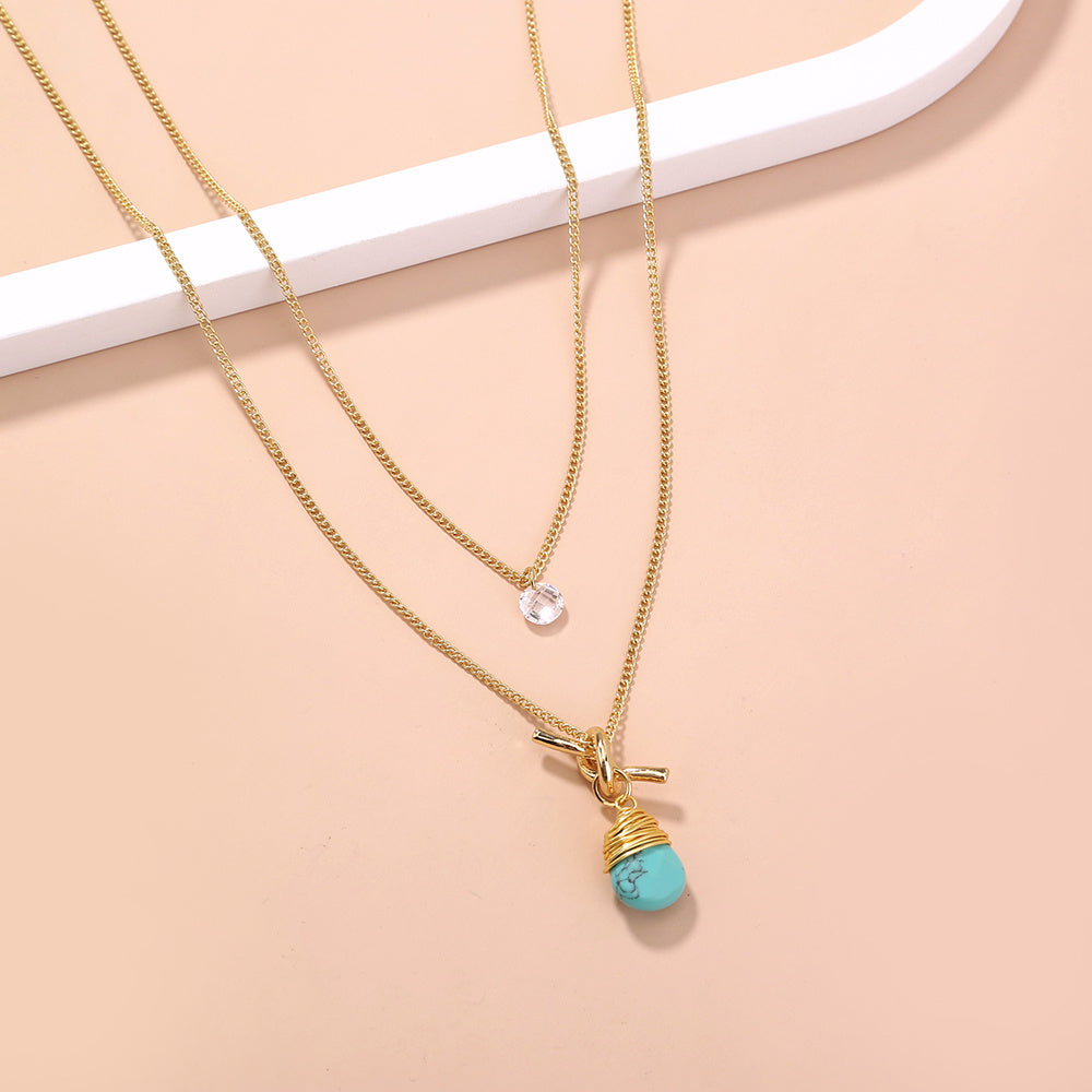 Metal Knotted Hand-Wound Turquoise Water Droplet Multi-Layer Necklace