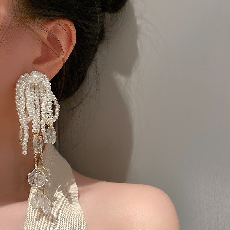 Women’s Bow Shell Long Pearl Tassel Earrings