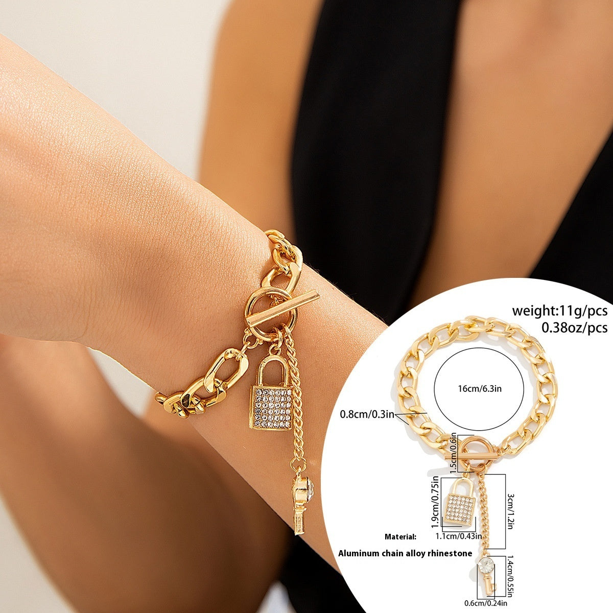 Thick Chain with Shiny Lock & Key Pendant Necklace, Bracelet Set