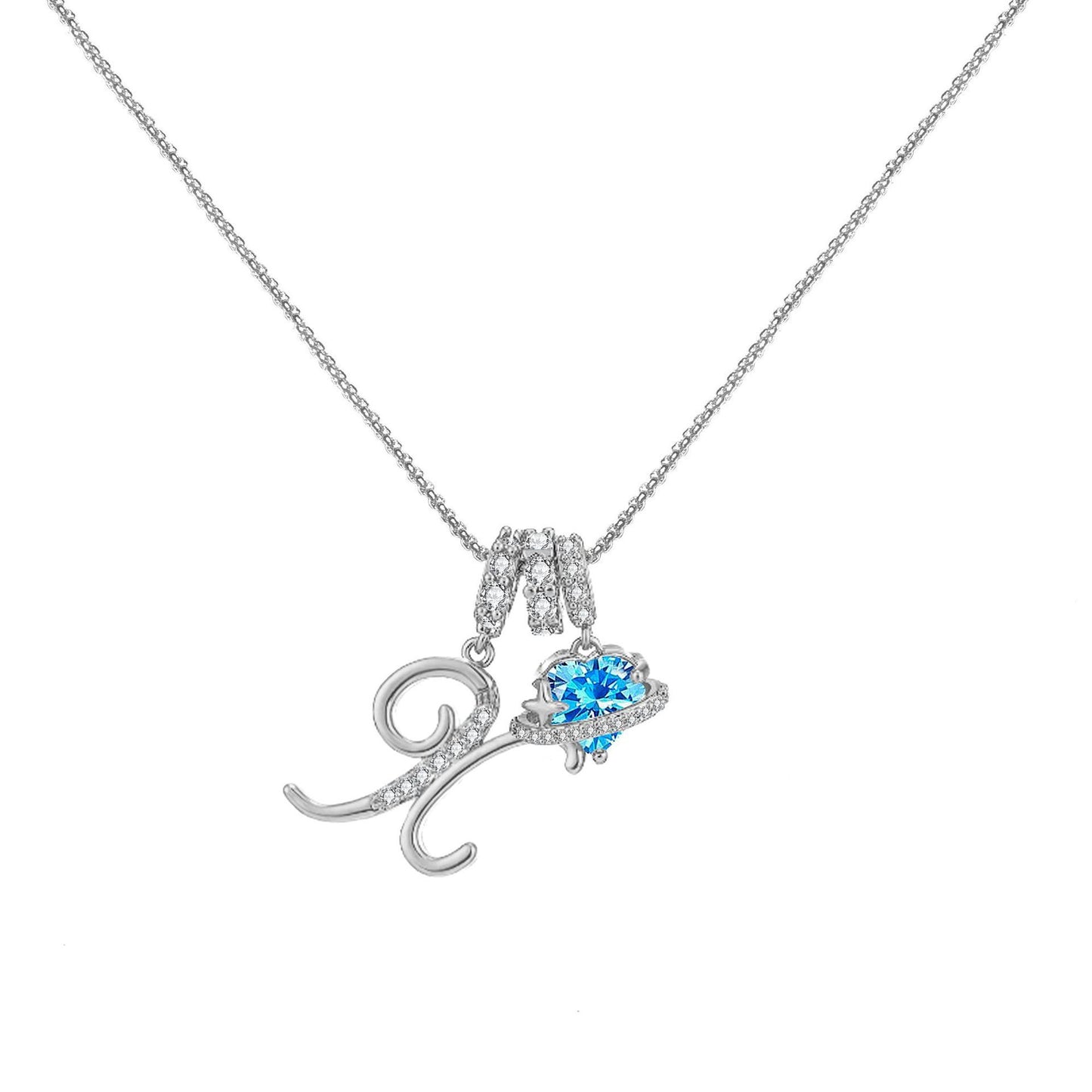 A-Z Alphabet Elegant Blue Heart Necklace with Zircons