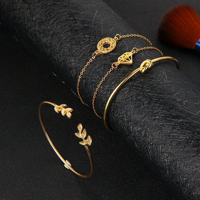Bohemia Leaf Knot Hand Cuff Link Chain Bracelet Set, 4Pcs