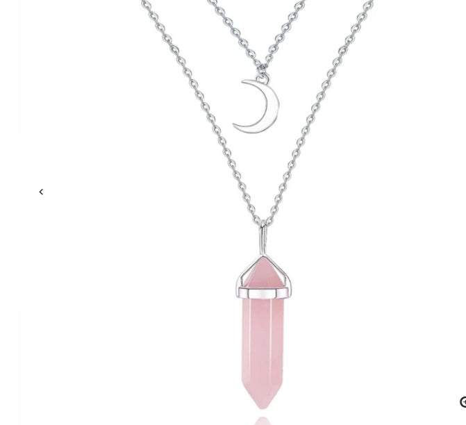 Unisex Crystal Moon & Hexagonal Turquoise Pendant Necklace