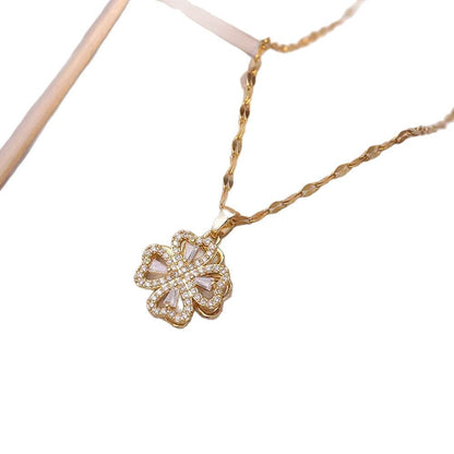 Rotatable Heart-Shaped Four-Leaf Flower Necklace