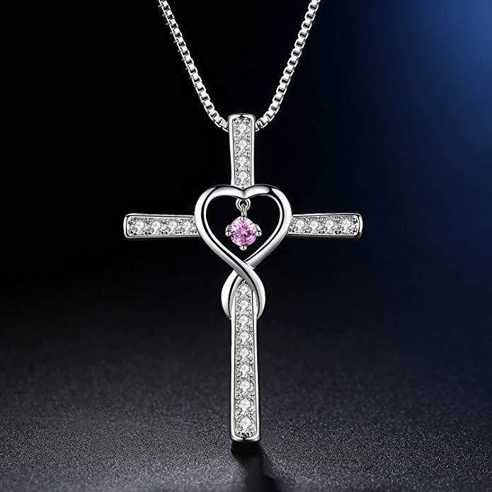 Infinity Love God We Trust Christian Cross Birthstone Crystal Pendant Necklace