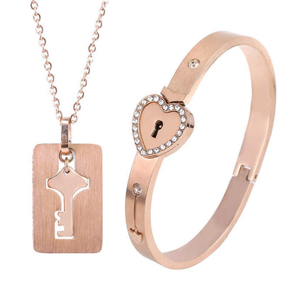 Couple Love Lock Bracelet & Key Necklace Set