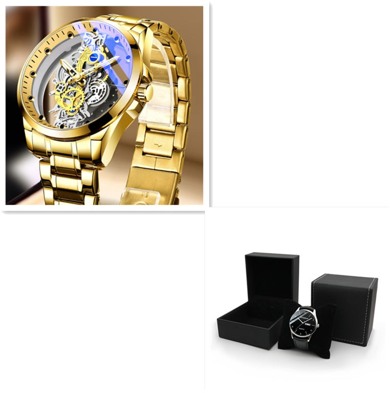 Gold Skeleton Automatic Quartz Watch with Luminous Effect