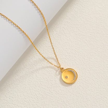 Gold Stainless Steel Zircon Star & Moon Pendant Necklace
