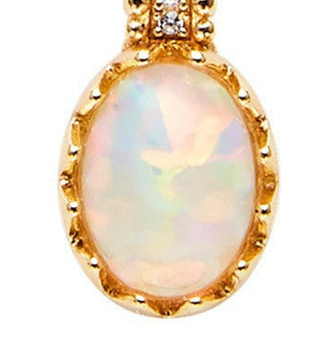 Opal pendant necklace with gold chain on a white background