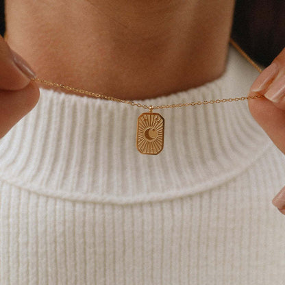 Gold Stainless Steel Zircon Star & Moon Pendant Necklace