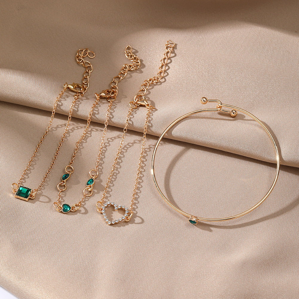 Vintage Inlaid Green Square Bracelet Set, 4 Pcs