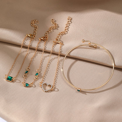 Vintage Inlaid Green Square Bracelet Set, 4 Pcs