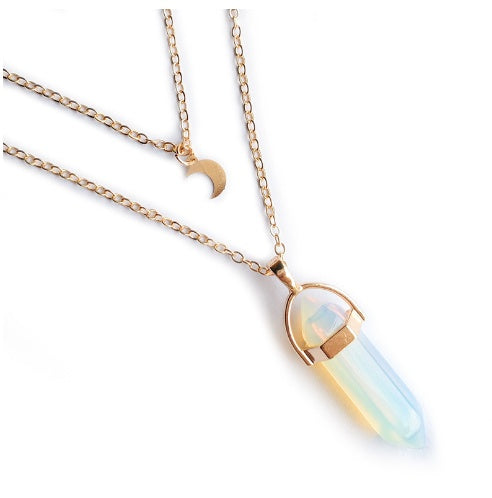 Unisex Crystal Moon & Hexagonal Turquoise Pendant Necklace