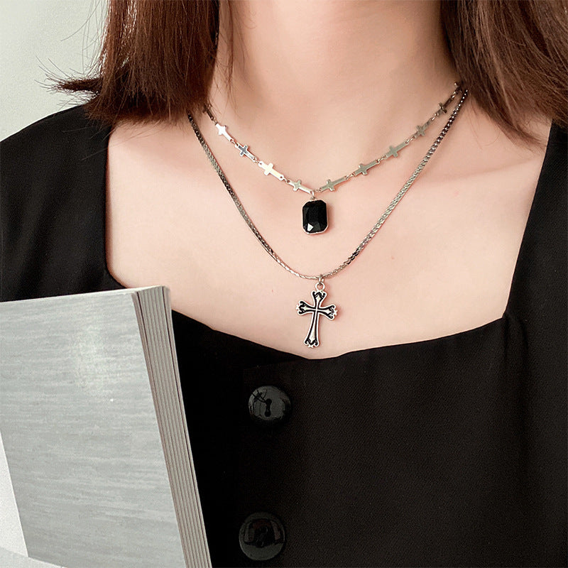 Dark Sweetheart Baroque Cross Pendant Layer Necklace