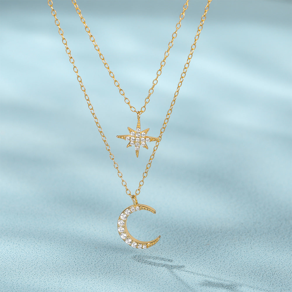 Double Layer Twin Diamond Star and Moon Necklace